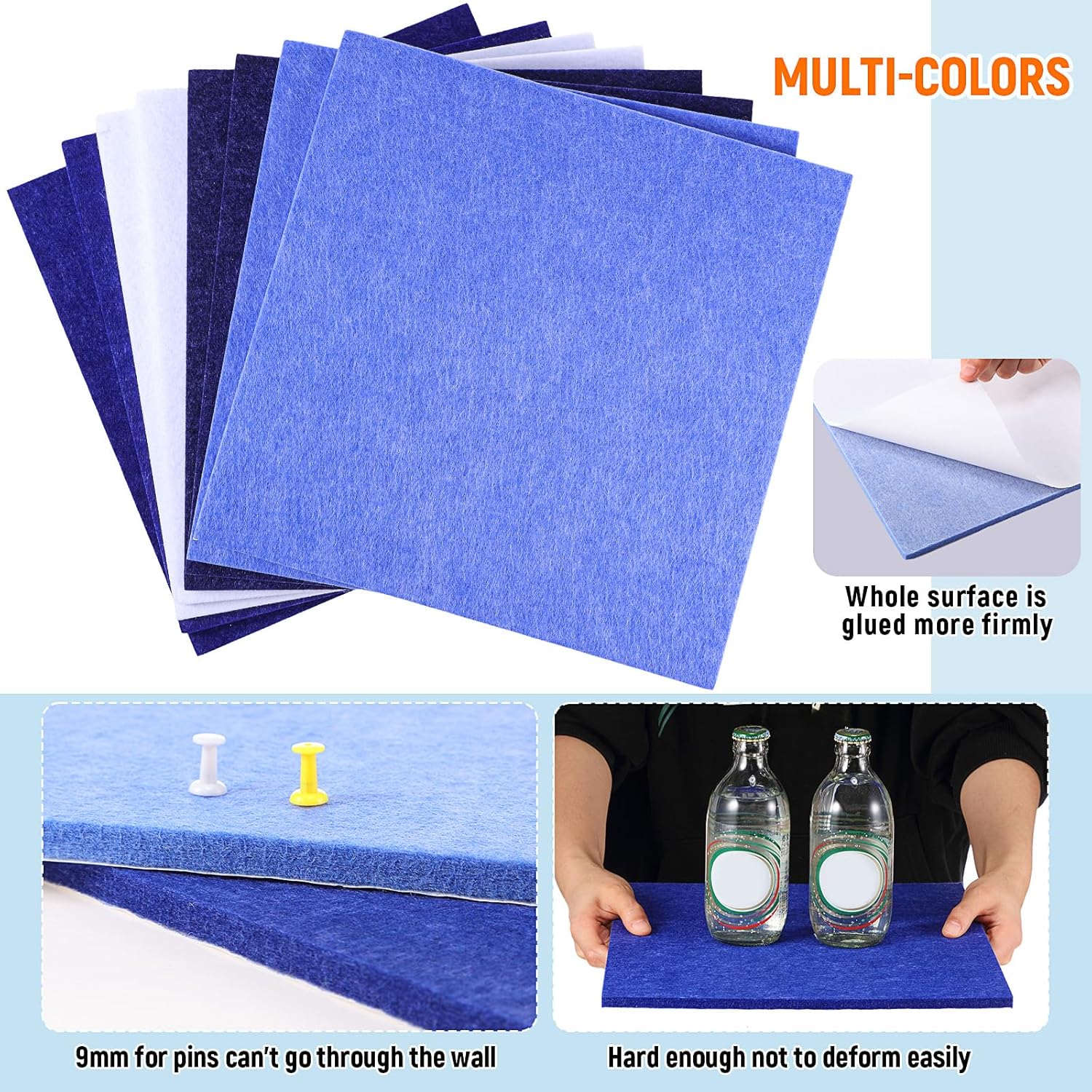 Hahafelt 16 Pack Large Felt Cork Boards School Bulletin Boards 12" x 12" Felt Wall Tiles Removable Alternative Cork Tiles for Teachers Walls Office Gifts Pin Board Tack Board(Blue Series)