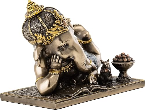 Miniatura 4 de Top Collection Young Ganesh - Estatua de lectura con ratón, elefante hindú, señor del éxito en bronce fundido en frío de primera calidad, figura