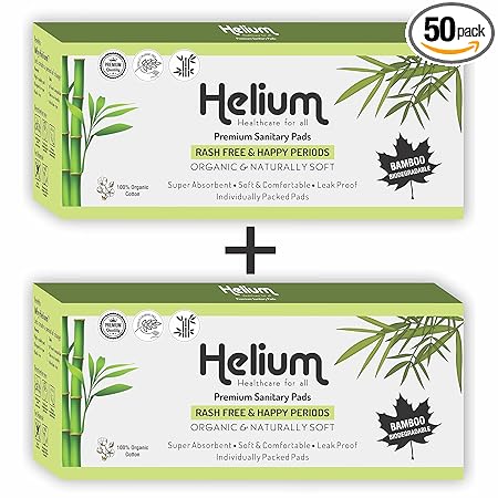 Helium Biodegradable Bamboo Premium Sanitary Pads - (Pack Of 2*25 = 50 Pads - XL-290mm),Pure Cottene,100% Rash-Free-Periods,Full-Day&Full-Night,High Absorbent, Heavy Flow, High Absorbent, Extra Long.