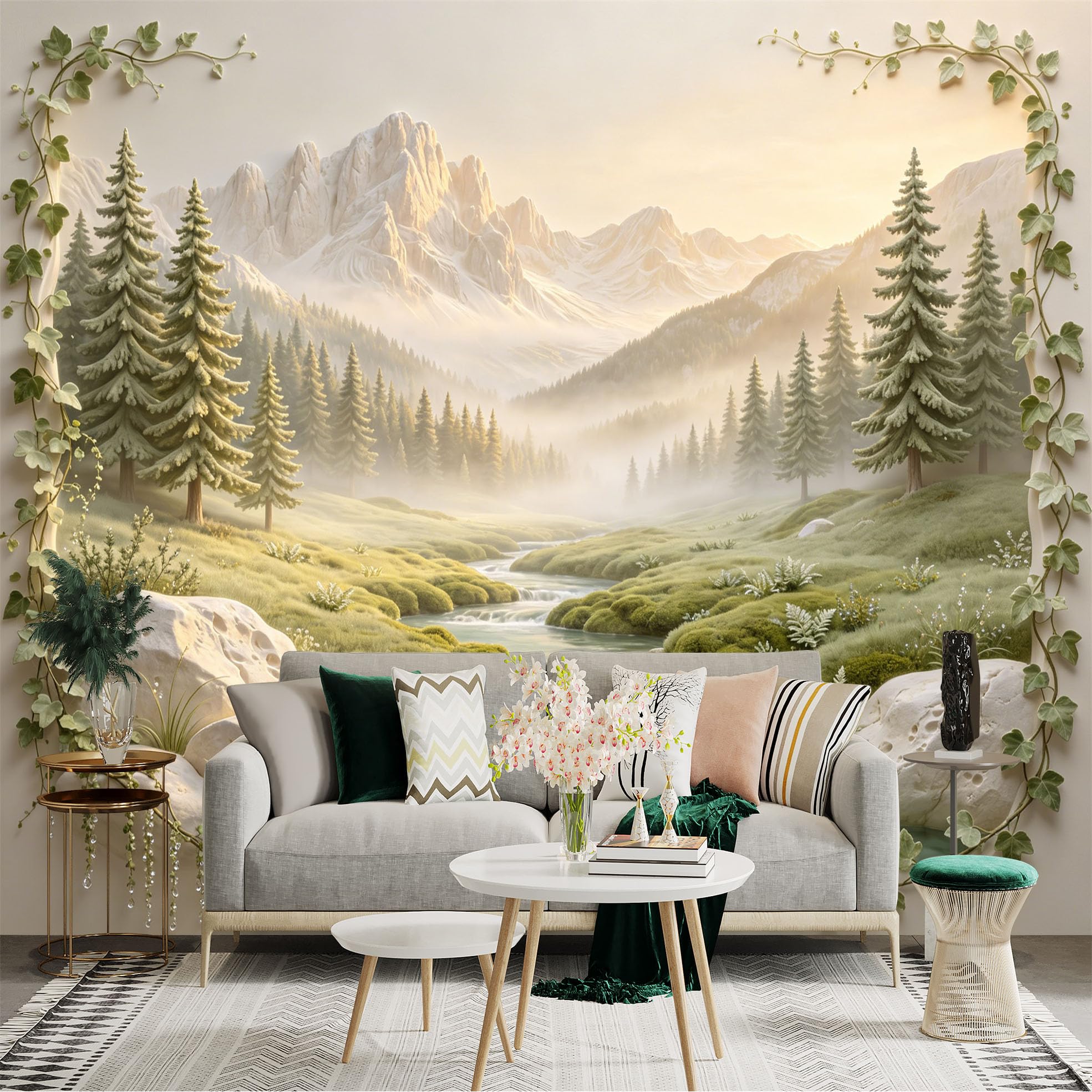 Custom Size Wall Sticker Mural， Mountain Stream with Pine Forest and Sunrise Landscape， for wall Decoration， peelandstick wall Decals.