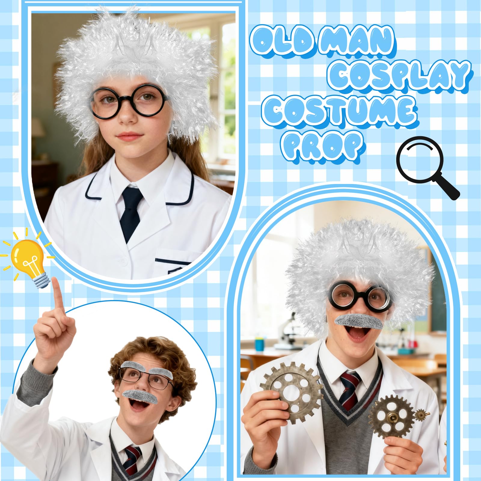 Set di 6 parrucche da scienziato pazzo, costume con retina per capelli, sopracciglia, baffi, occhiali per bambini e ragazzi, 100° giorno di scuola, accessori per cosplay del nonno
