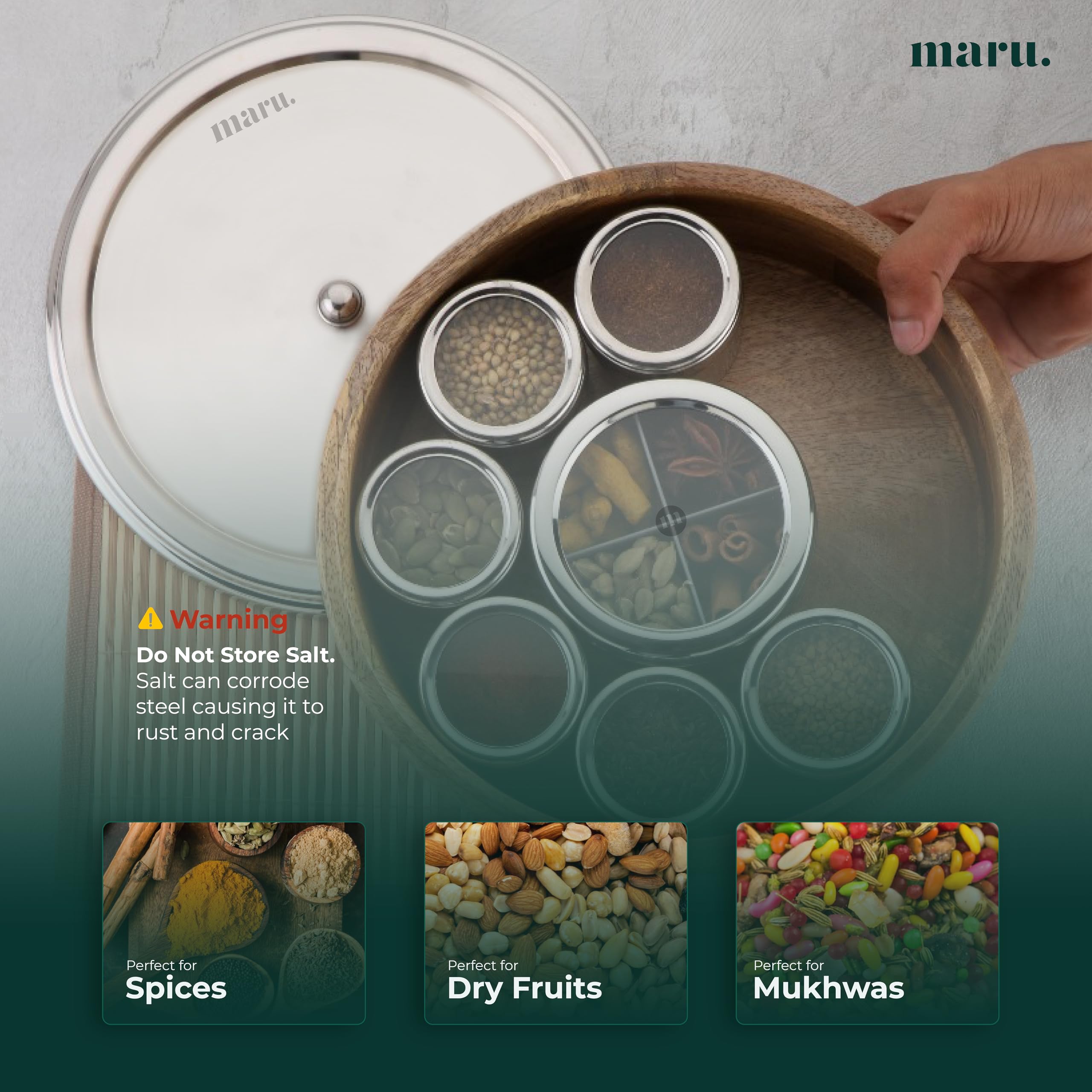 MARU 12-in-1 Gewürzbox aus Holz, Edelstahlbehälter mit durchsichtigem Deckel, 8 kleine und 1 große Behälter mit Mittelteilung, perfekt für die Organisation von Gewürzen, Kräutern, Masalas und Gewürzen