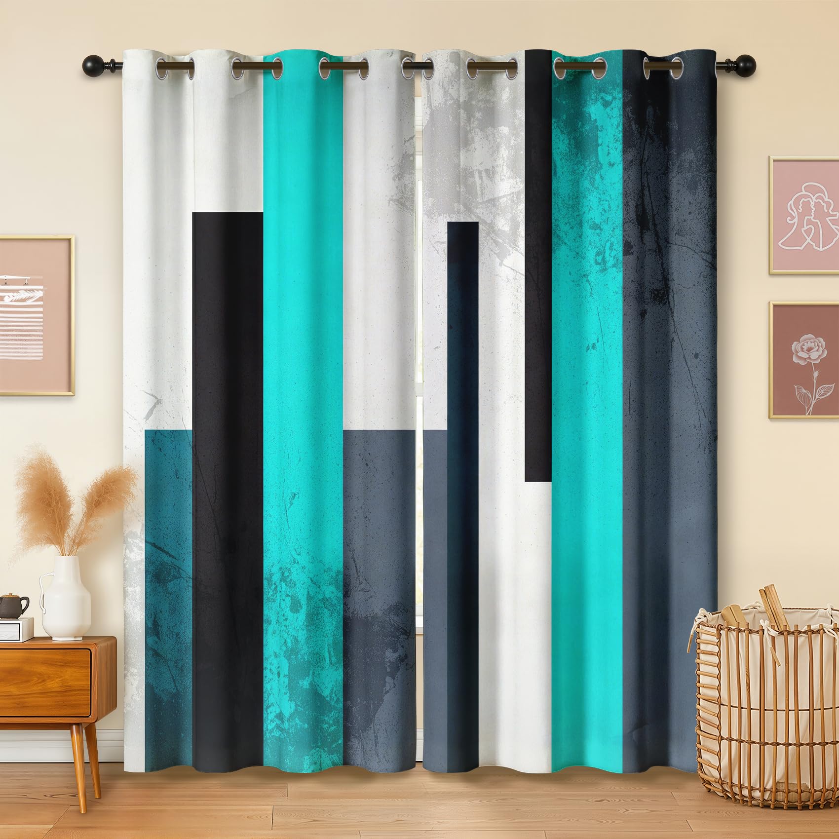 Havenix Teal and Black Colour Block Blackout Curtains for Bedroom Living Room, Eyelet Curtains 229cm Drop, Thermal Insulated Drapes for Windows, Modern Geometric Patterned Window Treatments, 2 Panels โ image 1