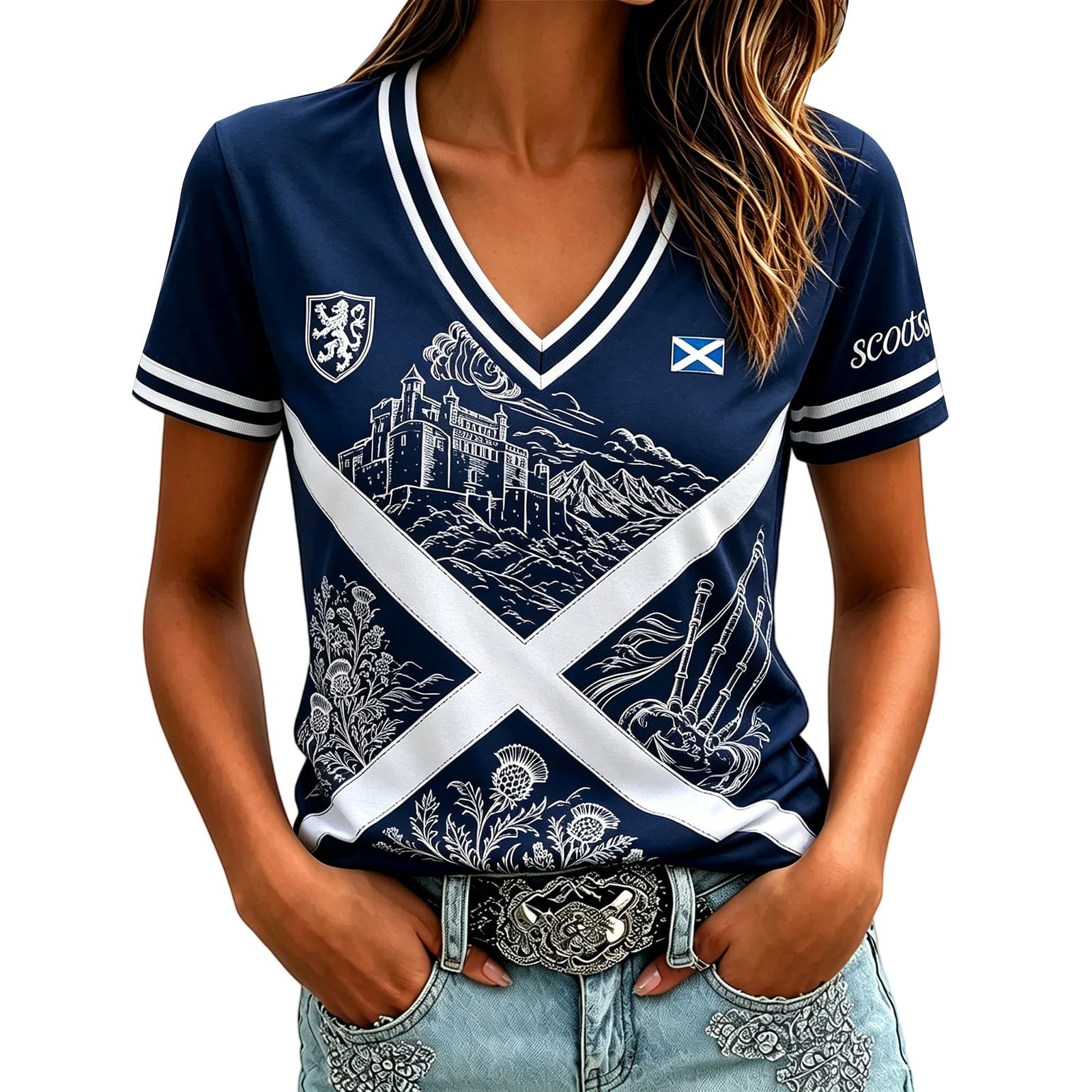 Scotland Football Shirt World Cup 2026 T Shirt Training Top, Ladies Scotland Retro Football Jersey Tops, Women Tshirt V Neck Lightweight Breathable Classic Soccer T-Shirts for Summer Sport Fans Shirts