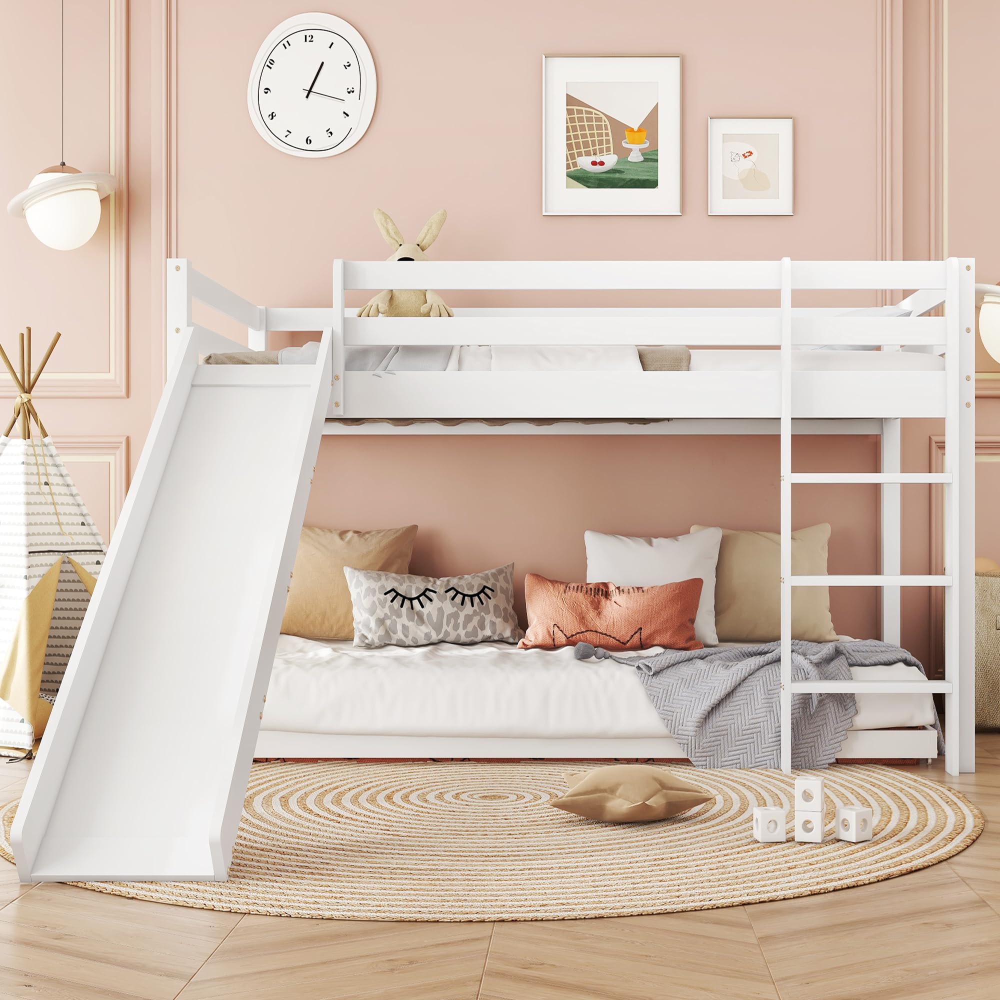 ModernLuxe Children’s Cabin Bed Frame with Slide & Ladder, Adjustable Bunk Bed for Kids, Space-Saving Wooden Kids Bed with Lower Bed, White 190x90cm + 200x90cm (Mattresses Not Included)
