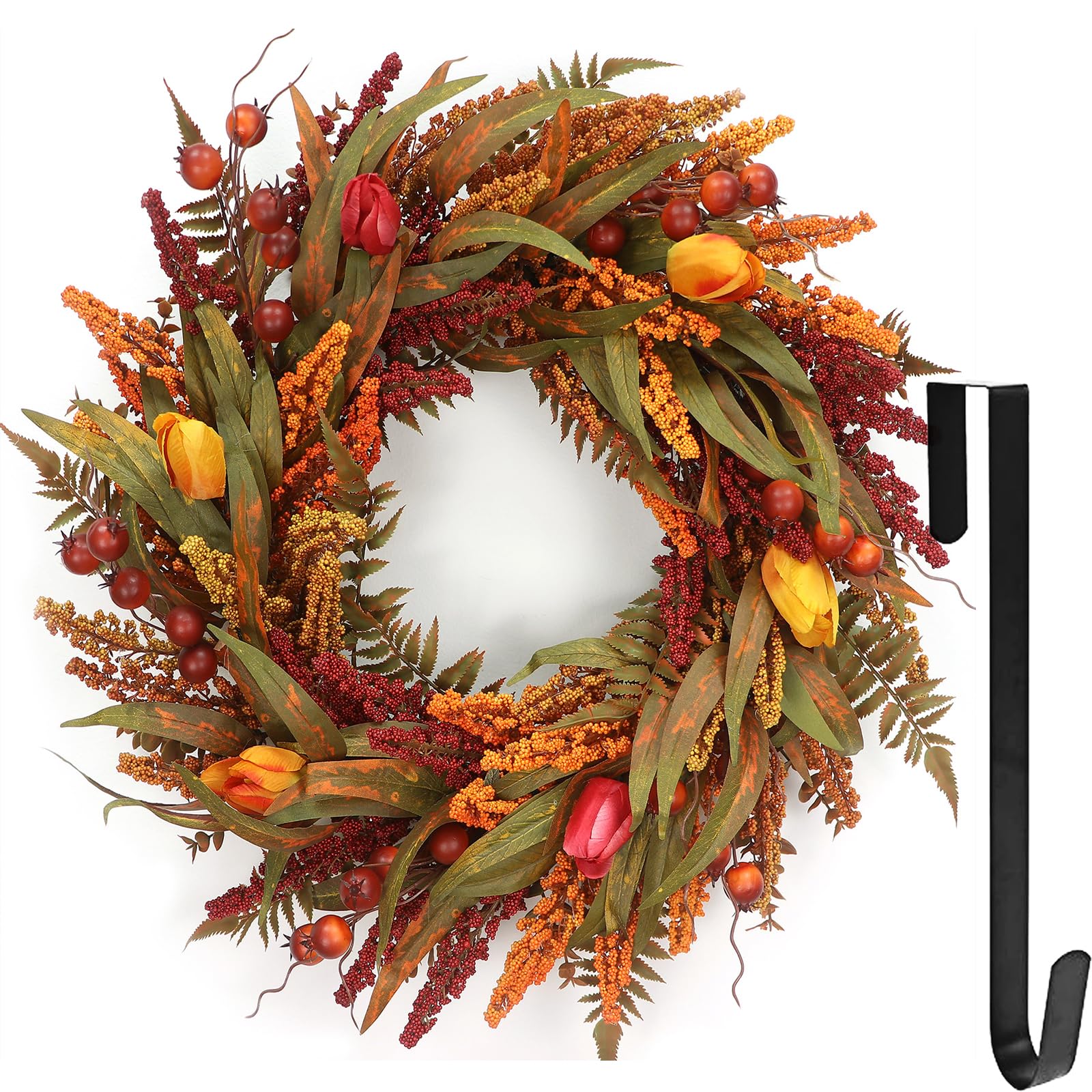 24’’ fall wreath - fall wreaths for front door with foliage, berry cattails and flowers for outdoors, indoor walls, windows, holidays, thanksgiving,harvest wreaths fall decorations