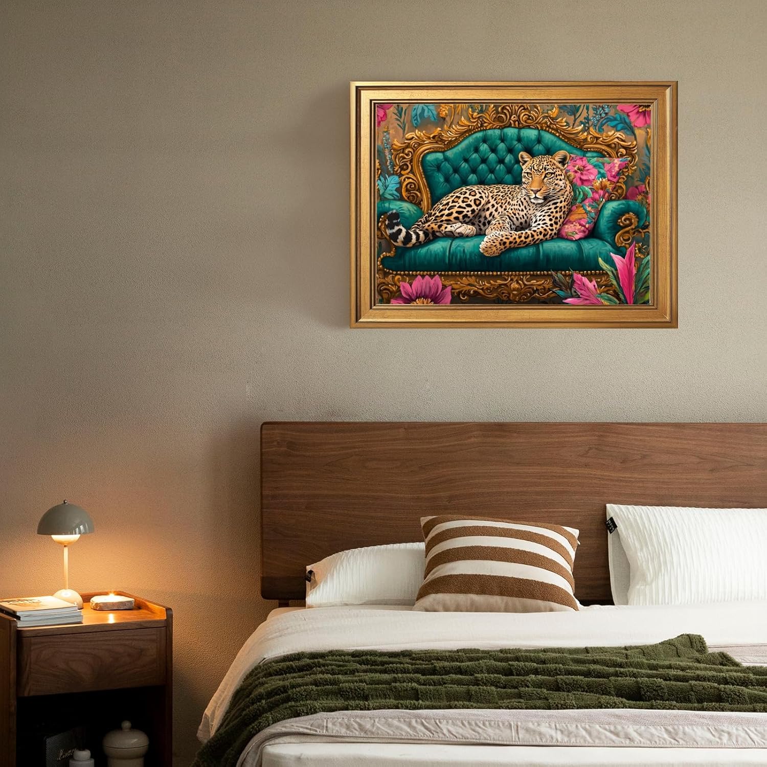 Framed Cheetah Lying on Ornate Sofa Wall Art Canvas Print Colorful Maximalist Leopard Painting Artwork Eclectic Boho Wild Animal Poster Jungle Picture Decor for Bedroom Living Room 12x16inch Gold