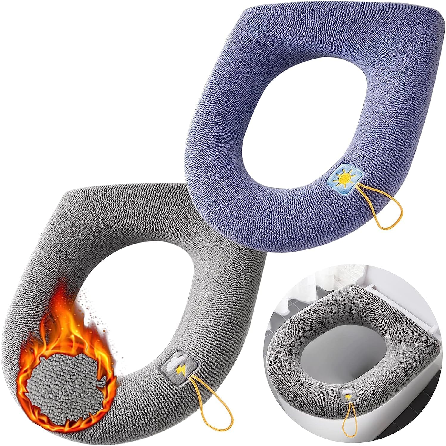 KOWVOWZ 2PCS Toilet Seat Cover with Lid Lifter Handle Set, Toilet Seat Covers with Zipper Washable and Stretchable Toilet Seat Cushion All Season Soft Thicker Warmer Mat Fits All Elongated (Style B)