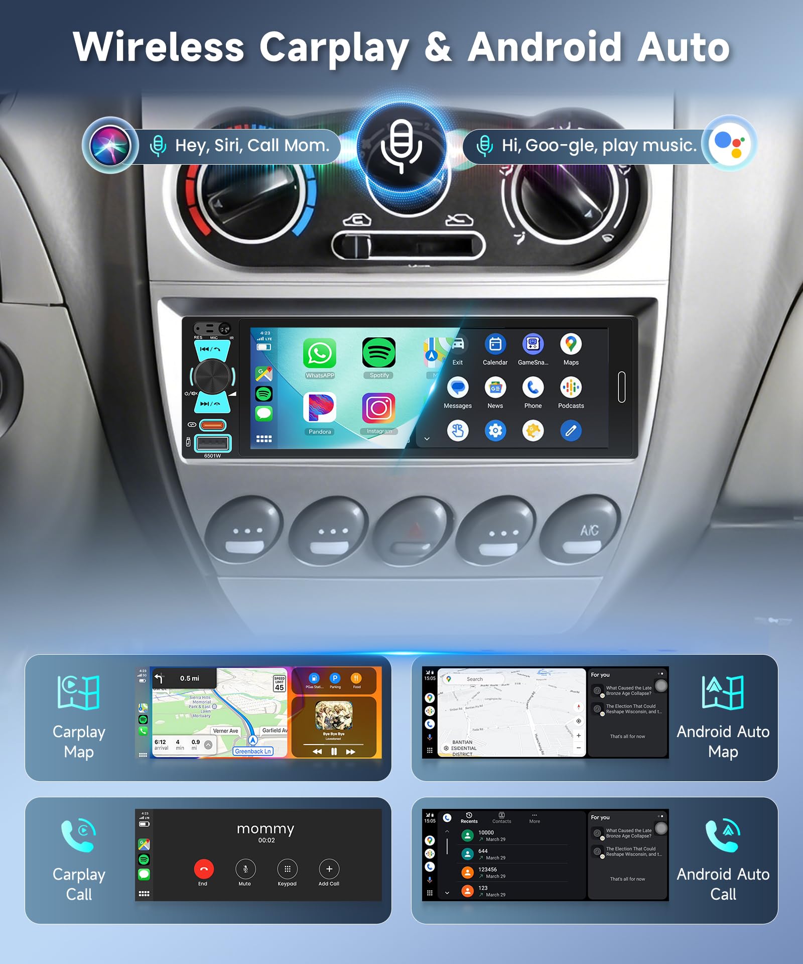 Hodozzy RDS Radio Coche 1 DIN con CarPlay inalámbrico Android Auto, in-Cell Pantalla de 6,5 Pulgadas con USB Type-C, Compatible con Bluetooth 5.2, EQ, Controles del Volante, Cámara de Visión Trasera