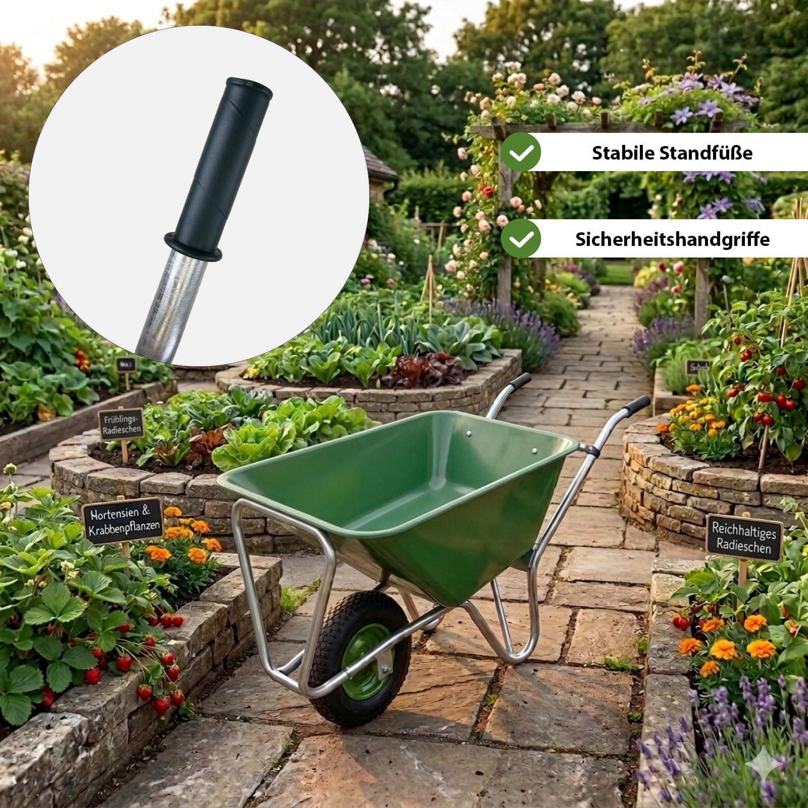 1-Rad Schubkarre XL 220 L 300 kg Luftrad Hofkarre Futterkarre grün Metallfelge Siebkarre groß für Stall Pferde Hof Garten Laub Heu Gras, Gartenkarre Großmuldenkarre Landwirtschaftskarre