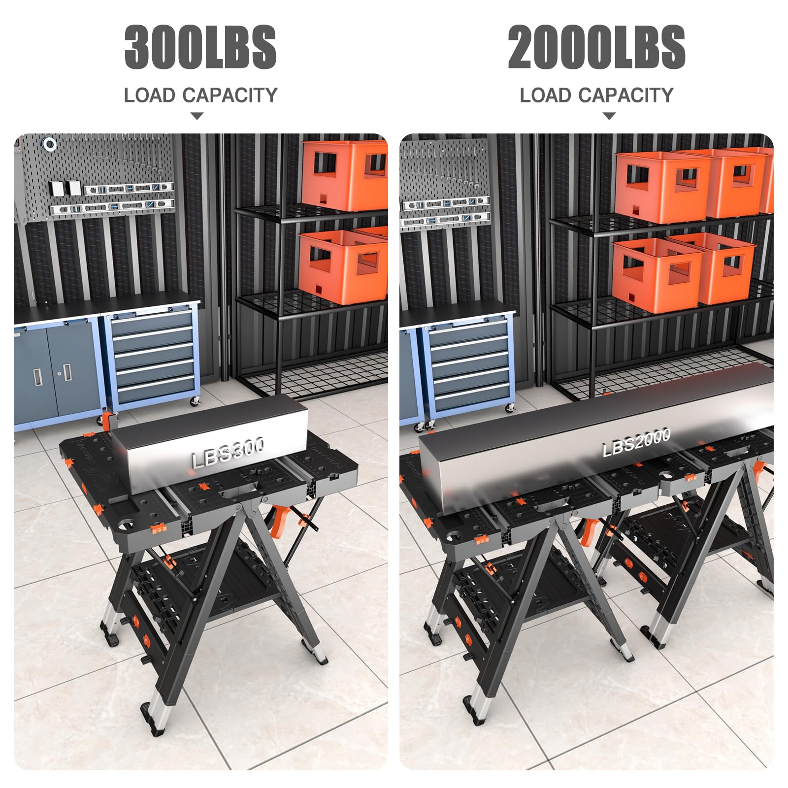 LARBANKE Banco de trabajo plegable portátil combinado,Caballete y banco de trabajo 2 en 1,Banco de trabajo impermeable con capacidad extra de carga con 8 pinzas para trabajar la madera,8 bloques de