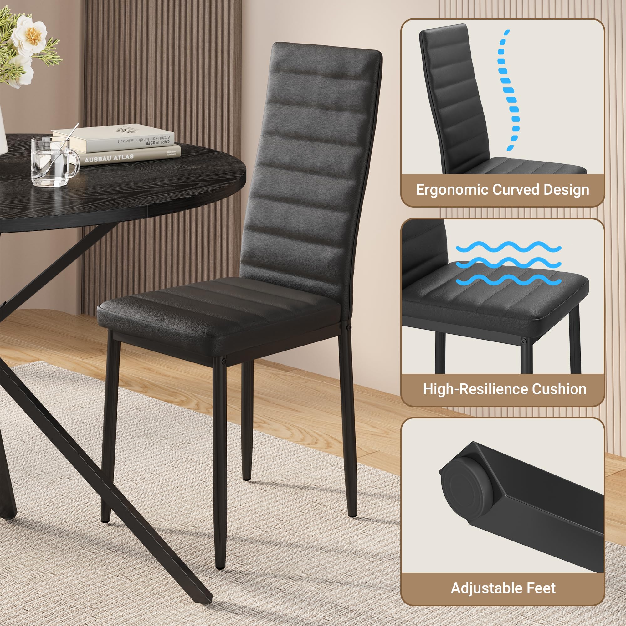 Xbro Dining Table and 4 Chairs Set, Round Dining Table for Dining Room Kitchen Living Room, Sturdy Structure for Small and Large Spaces, Black — view 6