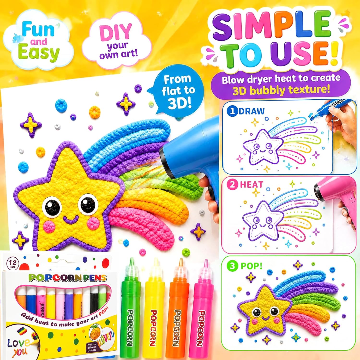 New 2027 Popcorn Pens, 12 Colors 3D Bubble Drawing Pen, Heat Activated Puff Paint Raised Texture Craft Tool for DIY Artwork, Greeting Cards, Scrapbooking (1 Set) image 2
