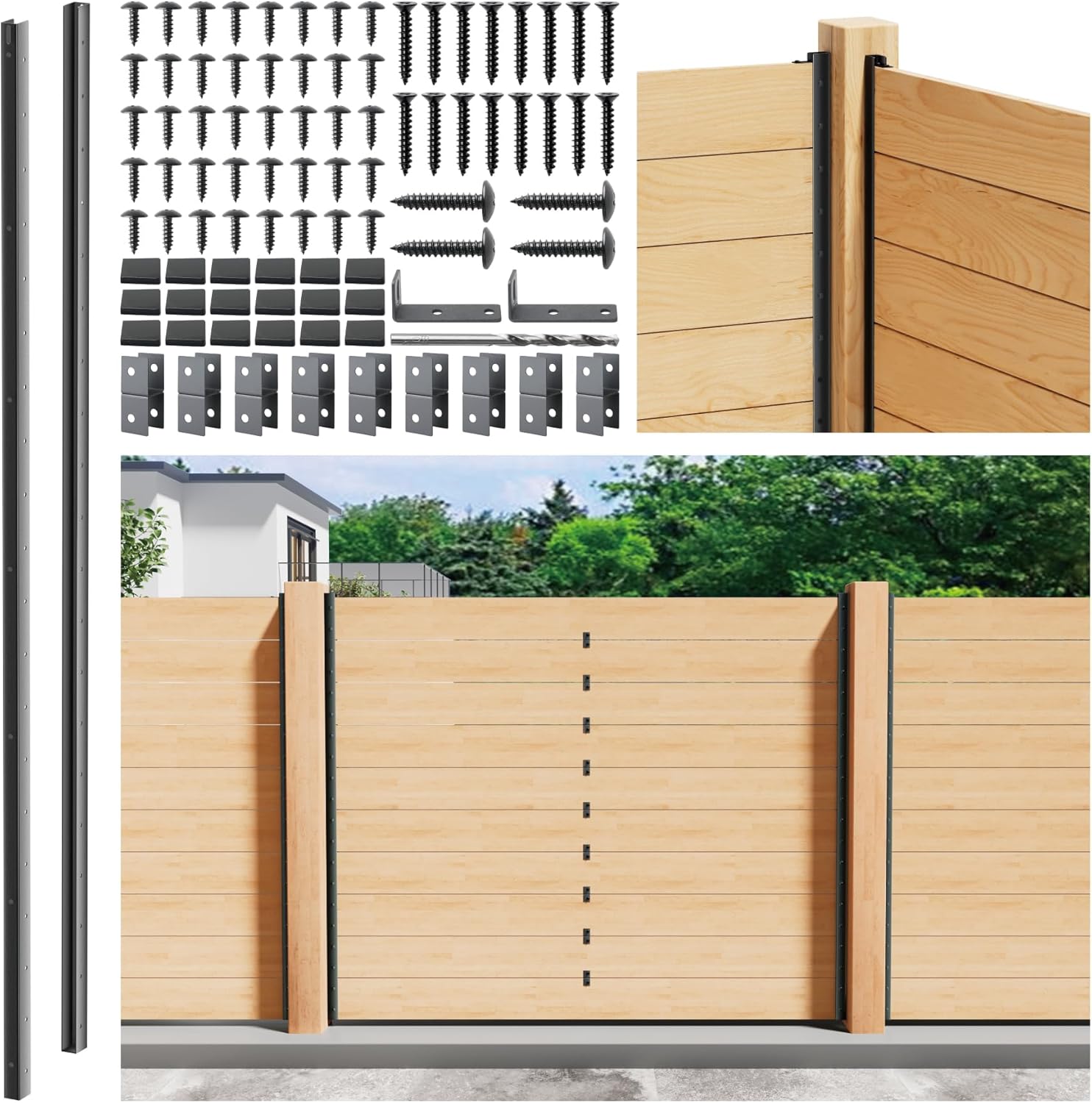 2-Pack 5FT U-Shaped Metal Fence Posts (H: 56.7?), No-Dig Hard Surface Mount for Privacy Fences, Garden, AC Units, Pool Equipment, and Trash Can Enclosures Matte Black 5Ft-2 Pack