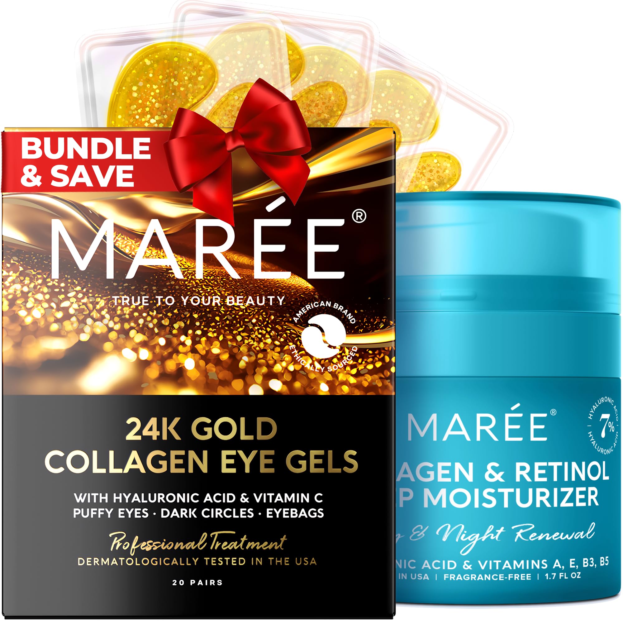 MAREEUltimate Skincare Bundle - 24K Gold Eye Patches & Collagen Face Cream - Combat Aging Signs, Brighten Eyes, and Hydrate Skin - Complete Beauty Regimen