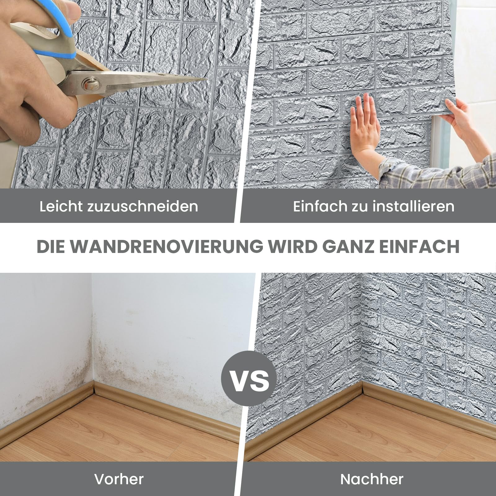 3D Wandpaneele Selbstklebend 70 cm x 10 M - Tapete Steinoptik Tapete Ziegel, Wasserdicht Wandaufkleber Ziegelstein, Wandtapete für Küche Schlafzimmer, Hintergrund TV (Grau, 10 M)