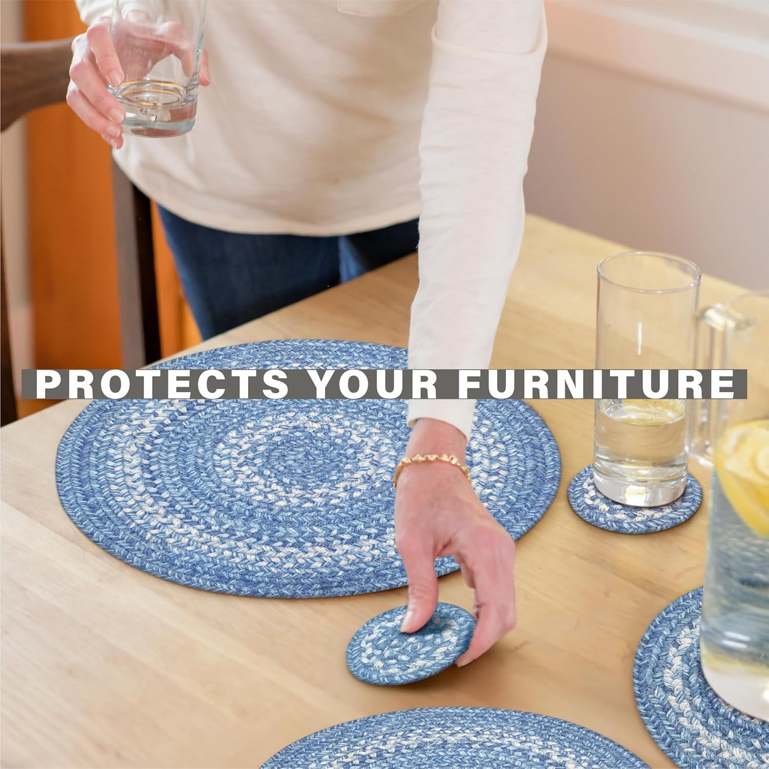 Homespice Denim Round Braided Placemats, Country Coastal Decor, Set of 2, 15" Blue Jute Table Mats - Vibrant Colors, Durable, Easy to Clean and Protects Furniture