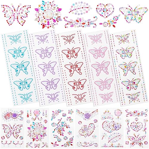 PAGOW 11 hojas de calcomanías de mariposa con diamantes de imitación, autoadhesivas, coloridas gemas para el cuerpo, joyas de cristal para el