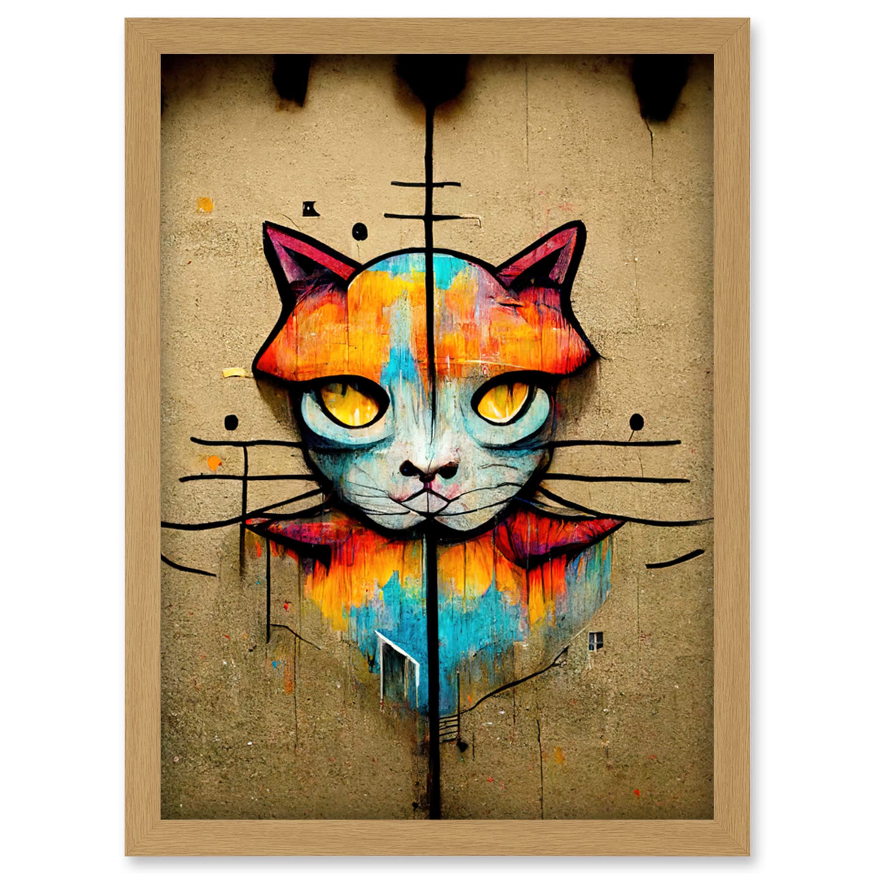 Doppelganger33 LTD Vibrant Symmetrical Street Art Mural Graffiti Cat Artwork Framed Wall Art Print A4