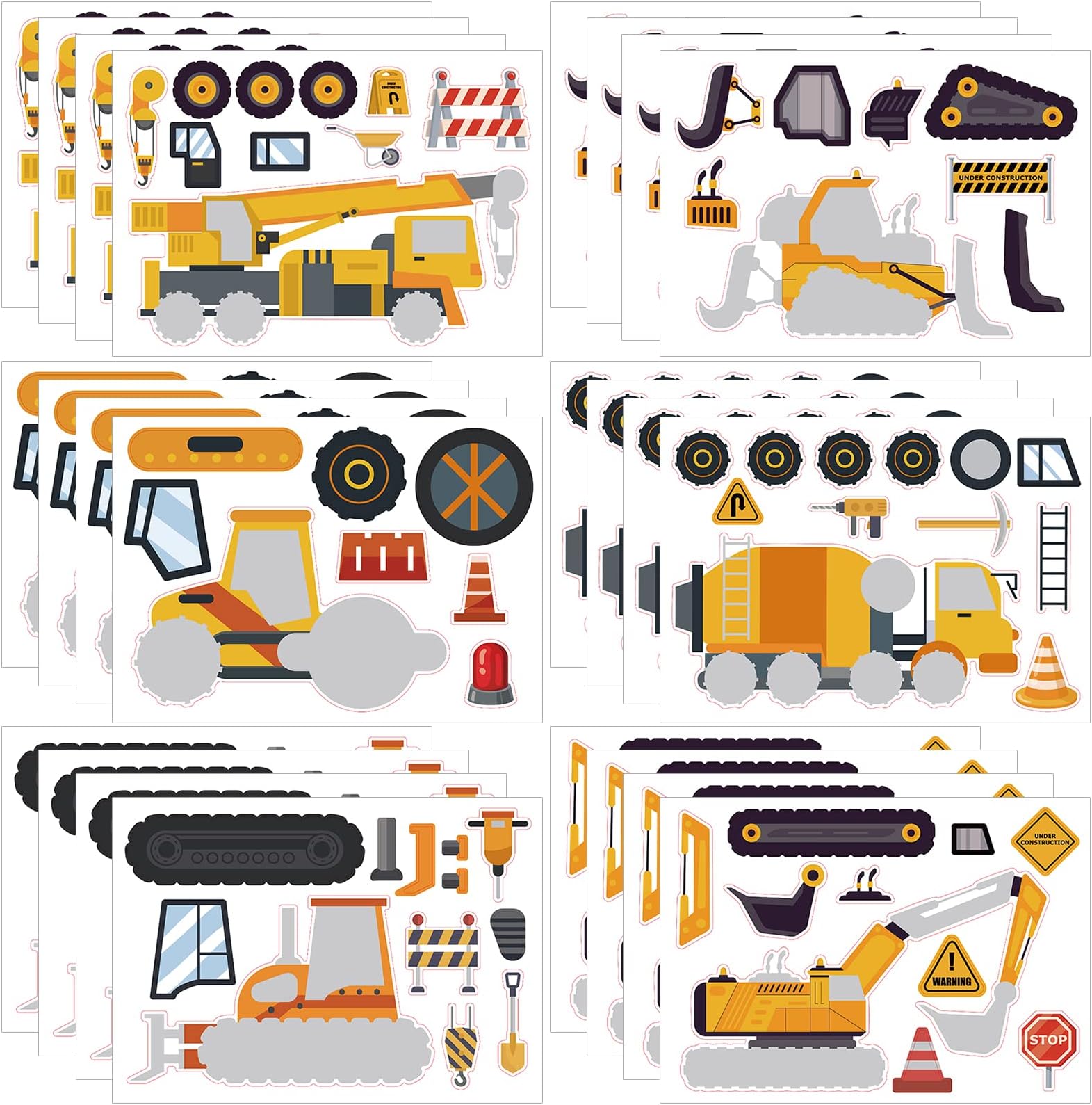 24 Sheets Construction Make a Face Stickers, Excavator Party Games Decal Mix and Match Sticker, Make Your Own Construction Stickers DIY Crafts for Adults Birthday Party Supplies Rewards