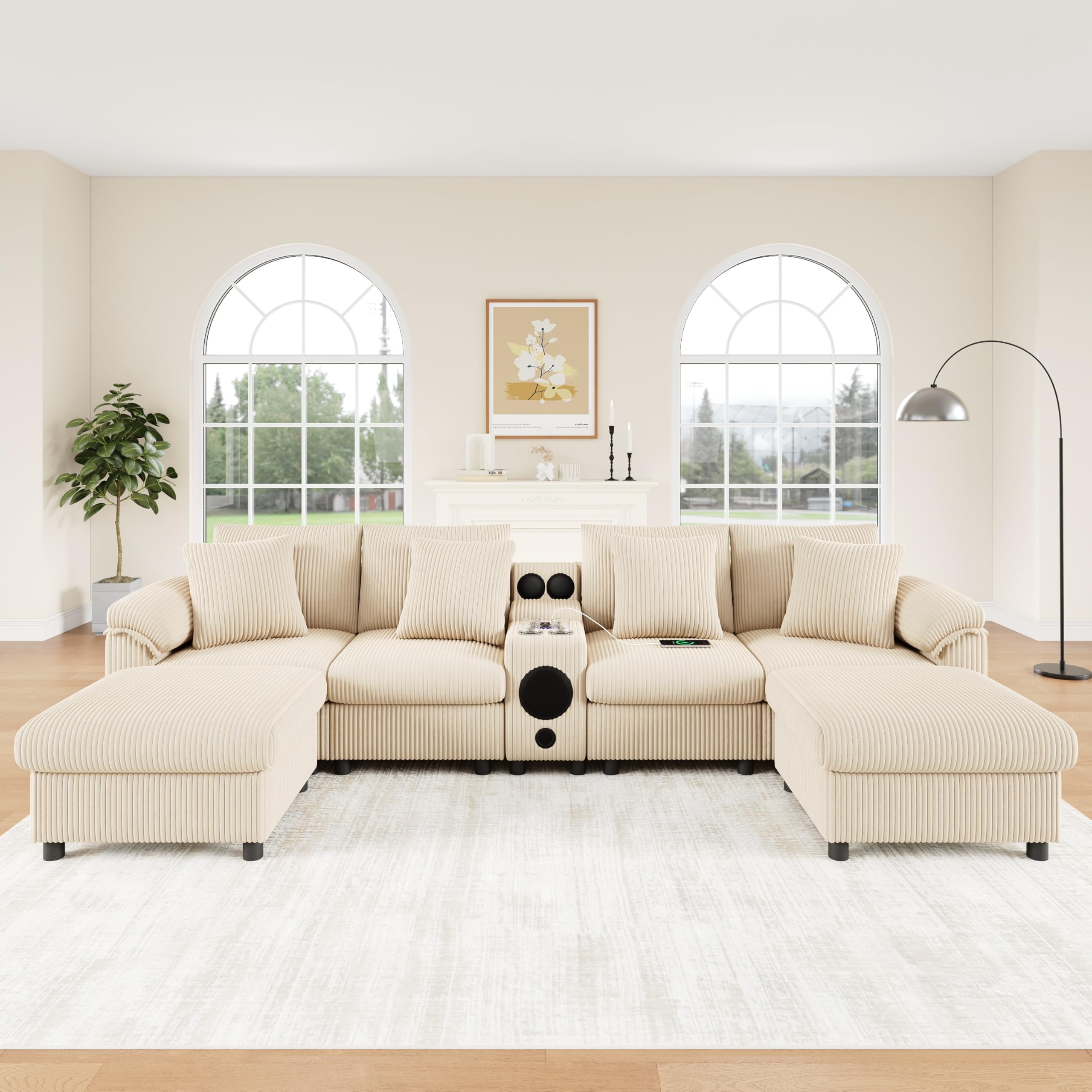 Sofá modular de pana en forma de U y L con consola, sofá esquinero con espacio de almacenamiento, portavasos y cojines, color beige