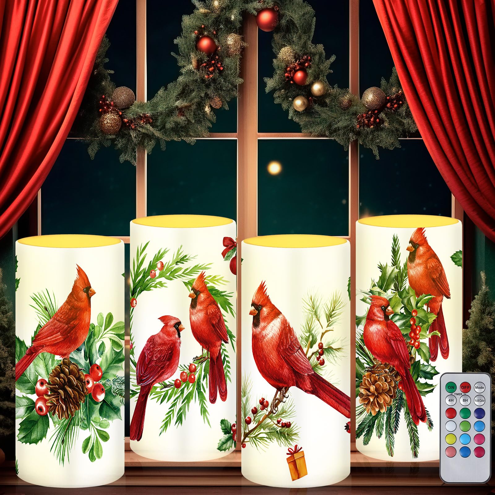Tiamon 4 Pcs Christmas Red Bird Candles LED Bird Theme Flameless Candles Battery Operated LED Warm Light Flickering Candles Xmas Pillar Candle Set for Holiday Table Decorations