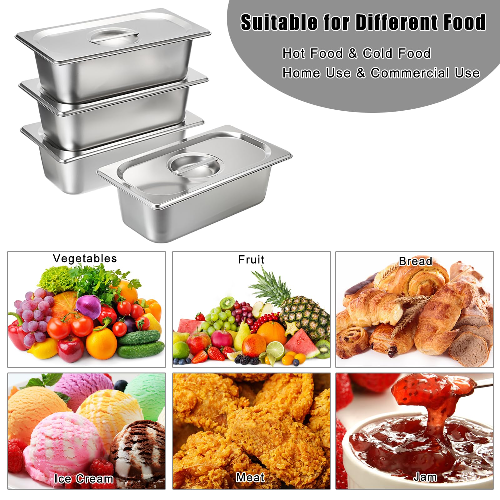 SUMNACON 4 sartenes de acero inoxidable de tamaño 1/3 con tapas, organizador de servicio de alimentos de 10 cm de profundidad, bandeja de almacenamiento de sartenes de hotel, placa de catering, cocina