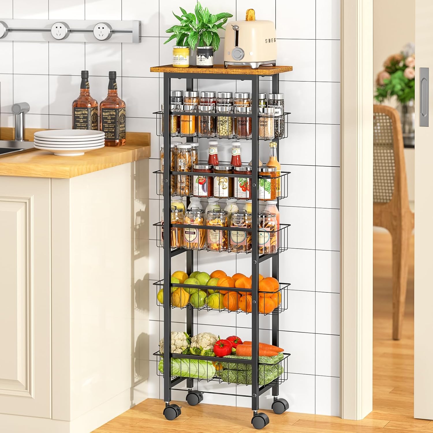 6 Tier Slim Storage Cart with Pull Out Basket, Wooden Top Rolling Kitchen Cart with Lockable Wheels, Metal Wire Fruit Vegetable Storage Basket Narrow Utility Organizer for Kitchen, Bathroom, Laundry