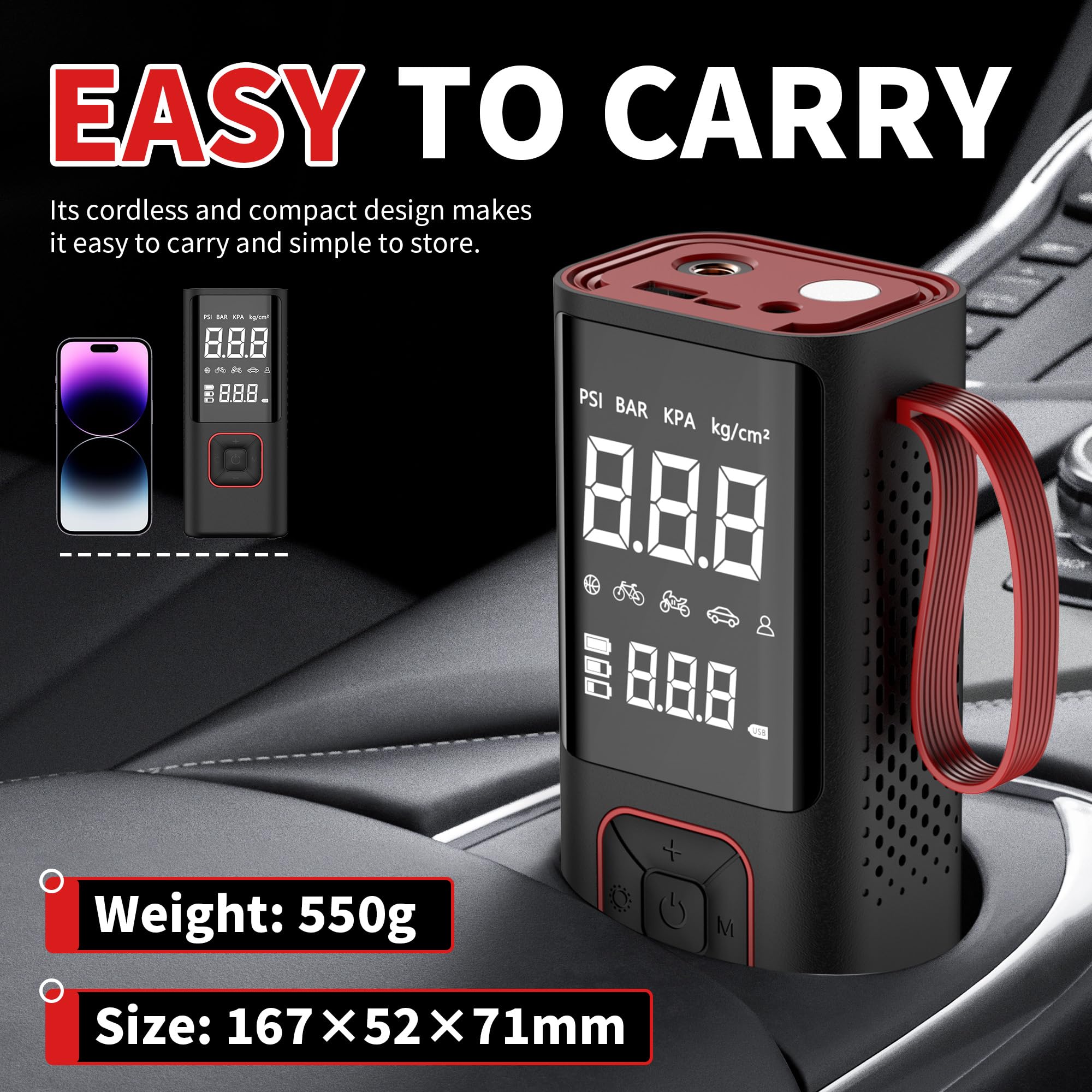 Gonfleur Pneus Voiture Sans Fil,COCCKO 6000mAh Compresseur à Air Portatif pour Pneus, 150PSI gonfleur velo electrique,LED et Arrêt Automatique, avec 3M Cigarette Lighter 12V et Storage Bag