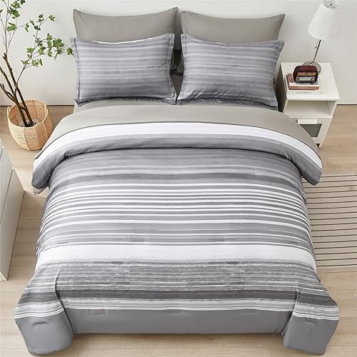Miniatura 3 de KAKIJUMN Juego de Edredón de 7 Piezas en una Bolsa con Rayas Tamaño King, Juego de Edredón y Sábanas a Rayas de Retazos Blanco y Gris, Juego