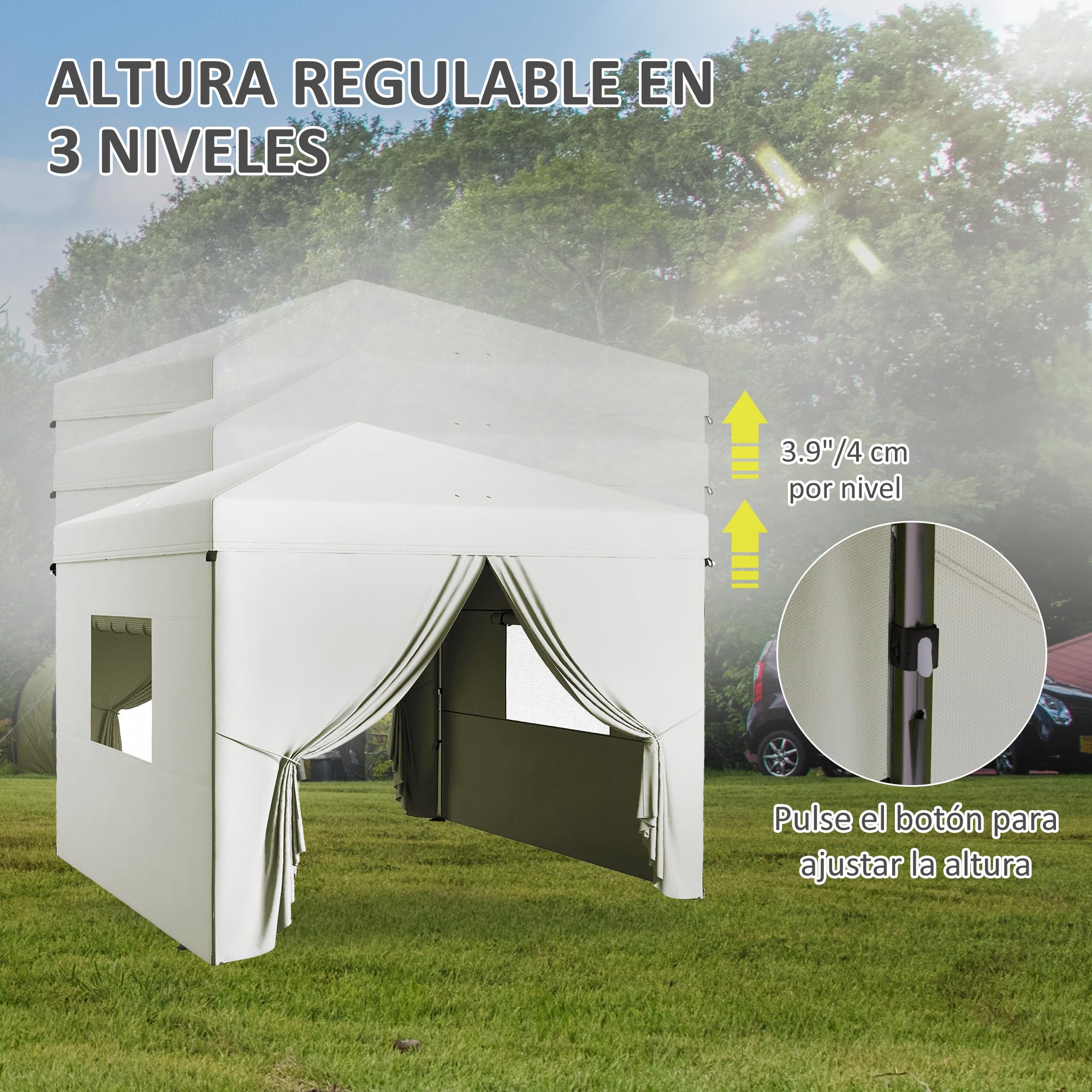Outsunny Carpa Plegable Pop-Up 3x3 m Cenador de Jardín con 4 Paredes Laterales 2 Ventanas de Malla Altura Ajustable Bolsa de Transporte Impermeable y Anti-UV para Camping Fiestas Blanco