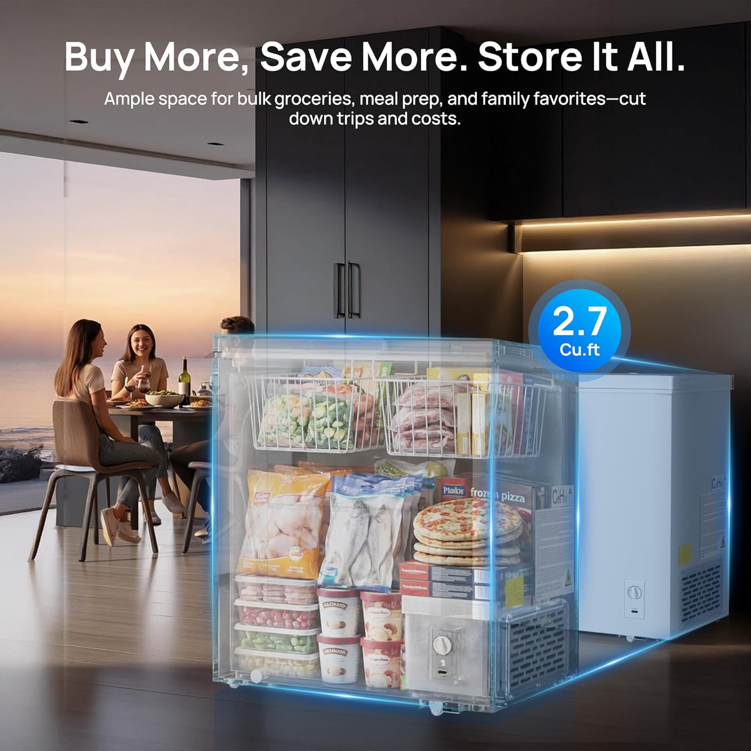 2.7 Cu.Ft Chest Freezer, Deep Freezer with Adjustable 7 Thermostat,2 Removable Baskets, Energy Saving,Quiet Top Open Door Meat Freezer with LED Light for Garage Outdoor Home Office