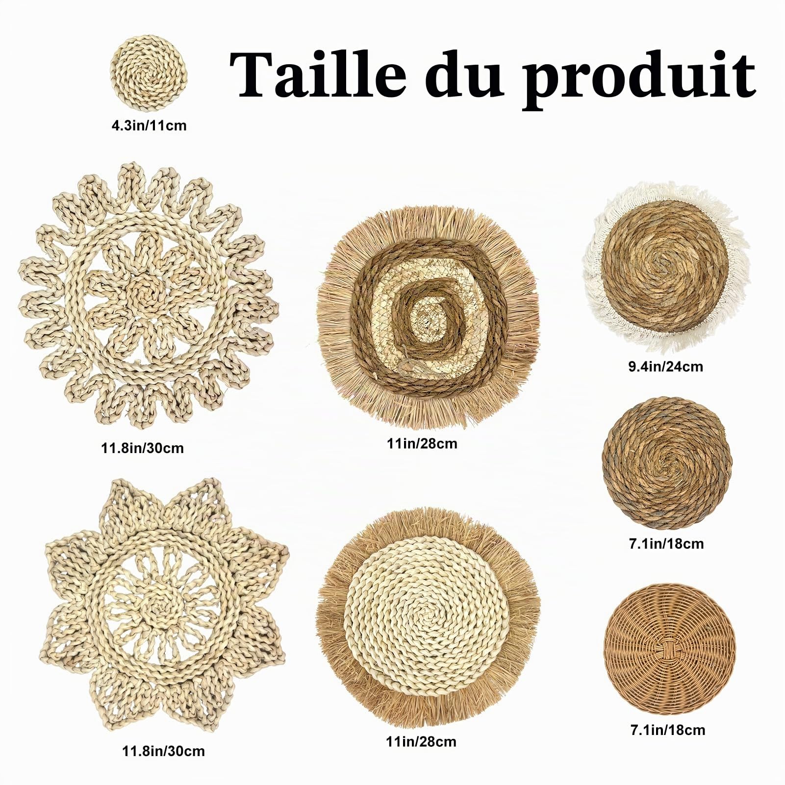Lot de 8 paniers muraux décoratifs bohème, tressés à suspendre, en jonc de mer et rotin, paniers ronds faits à la main, avec franges, en feuille de maïs et joncs, décoration murale bohème pour salon
