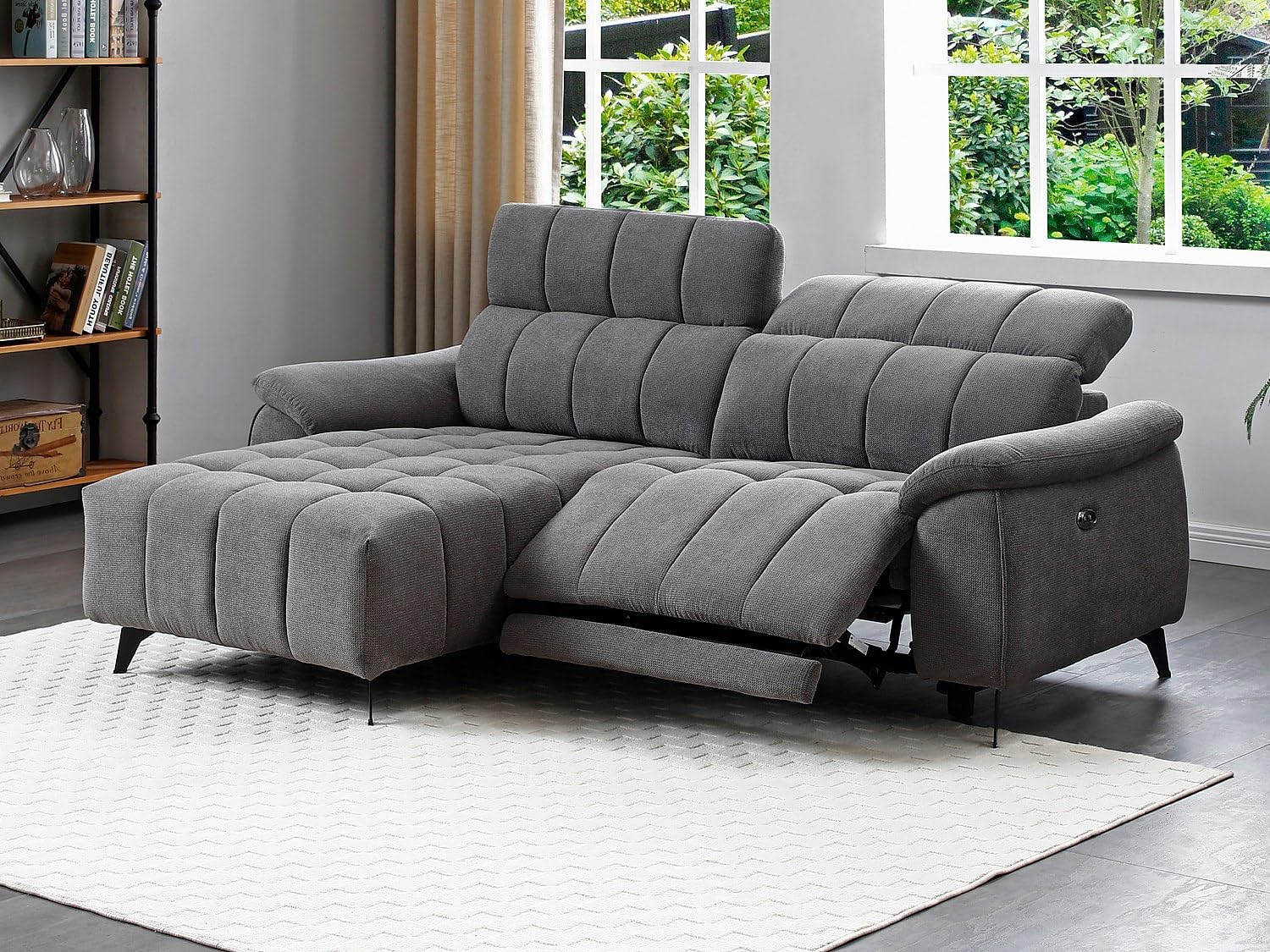 Vente-unique - Elektrisches Relax-Ecksofa links aus grauem strukturiertem Stoff CELTIMO