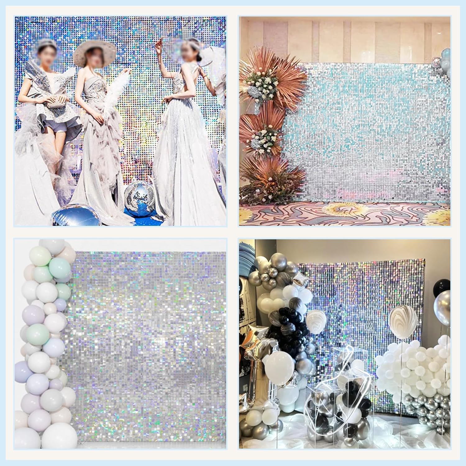 Toile de Fond Murale colorée argentée Scintillante, 30cm x 30cm, 24pcs | Fond de photomaton pour anniversaire, mariage, jour du souvenir, cérémonie de remise des diplômes