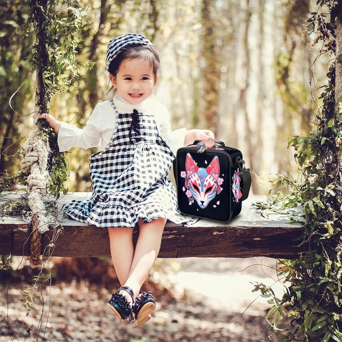 Lunch Box for Kids Girls Boys Japanese Fox Mask Lunch Bags for Teens Freezable Insulated Lunch boxes for School, Picnic, Cooler Tote Bag with Adjustable Shoulder Strap