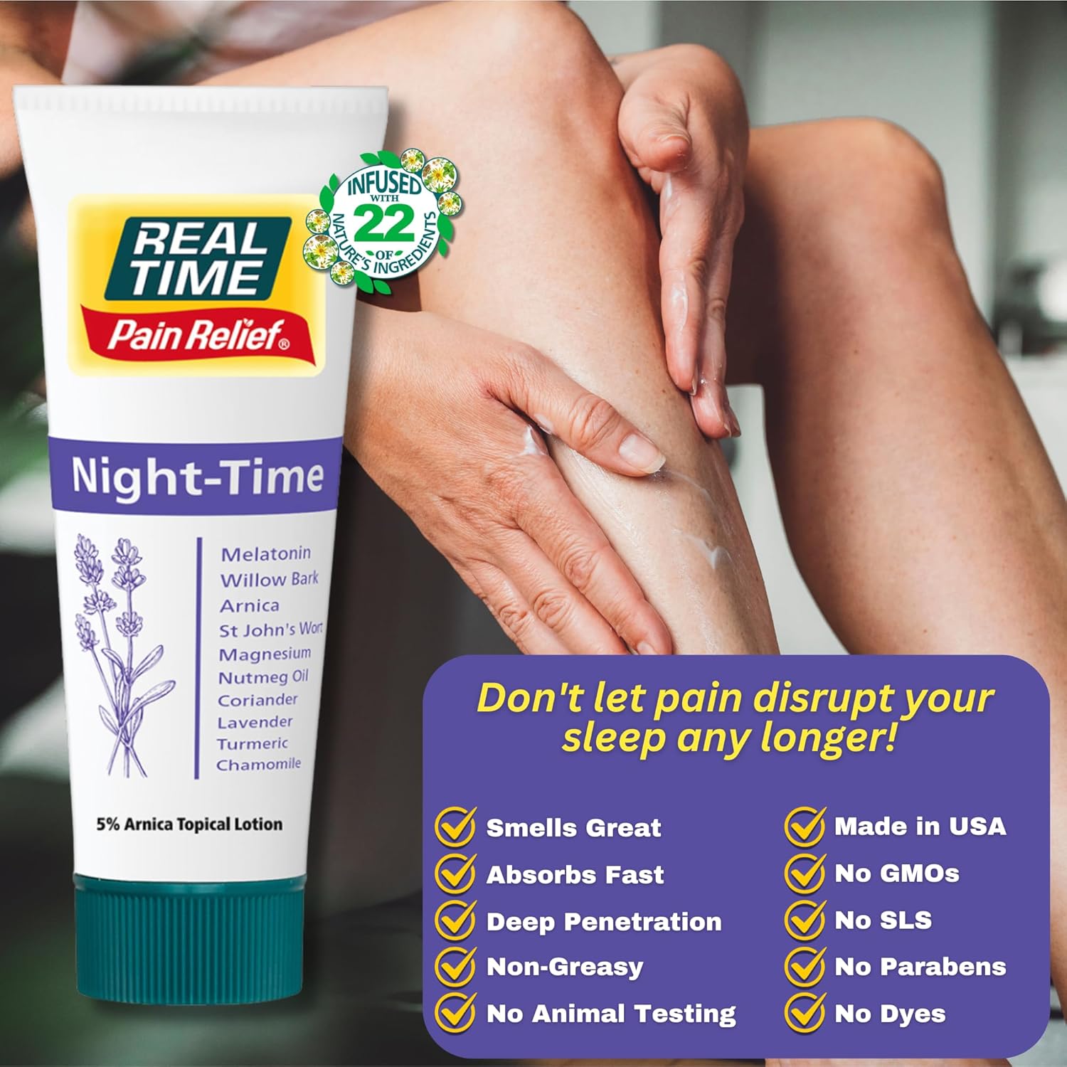 Real Time Pain Relief Night-Time Cream - 3oz Tube | Sleep Aid with 21 Natural Ingredients | Relieves Joint and Muscle Discomfort for More Restful Sleep | Includes Melatonin, Lavender, Magnesium