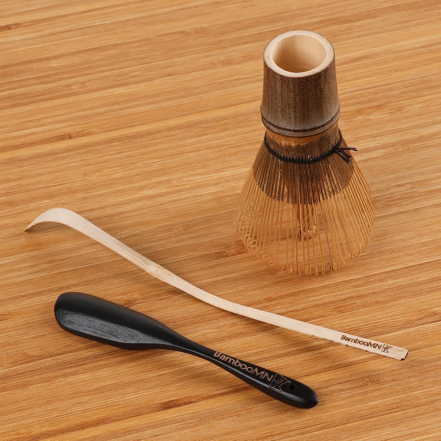 BambooMN Matcha Whisk Set - Chasen (Tea Whisk), Chashaku (Hooked Bamboo Scoop), Deep Scoop - Black - 1 Set
