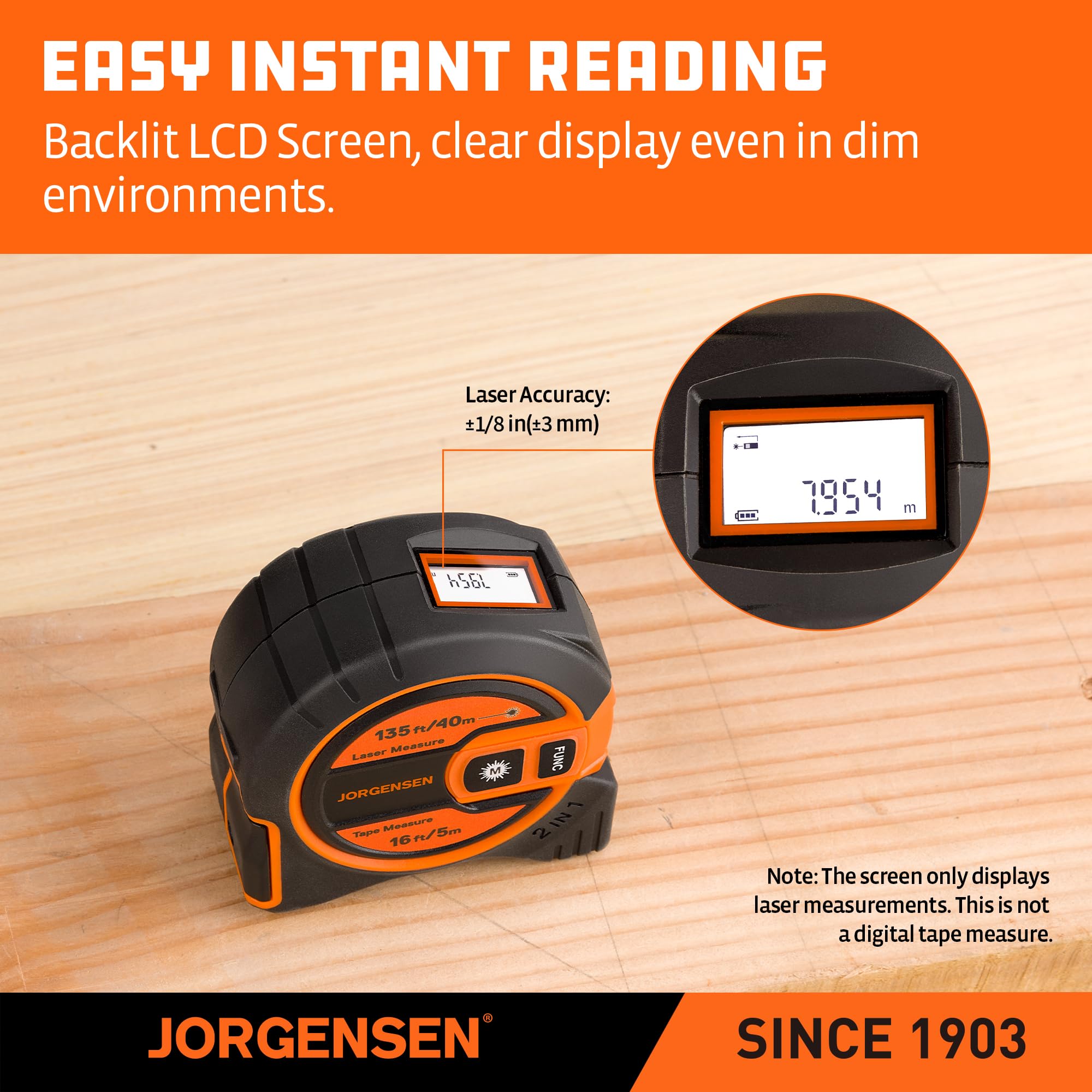 JORGENSEN 2-in-1 Laser Tape Measure, 135Ft Measuring Laser &16Ft Tape — Amazon image 4