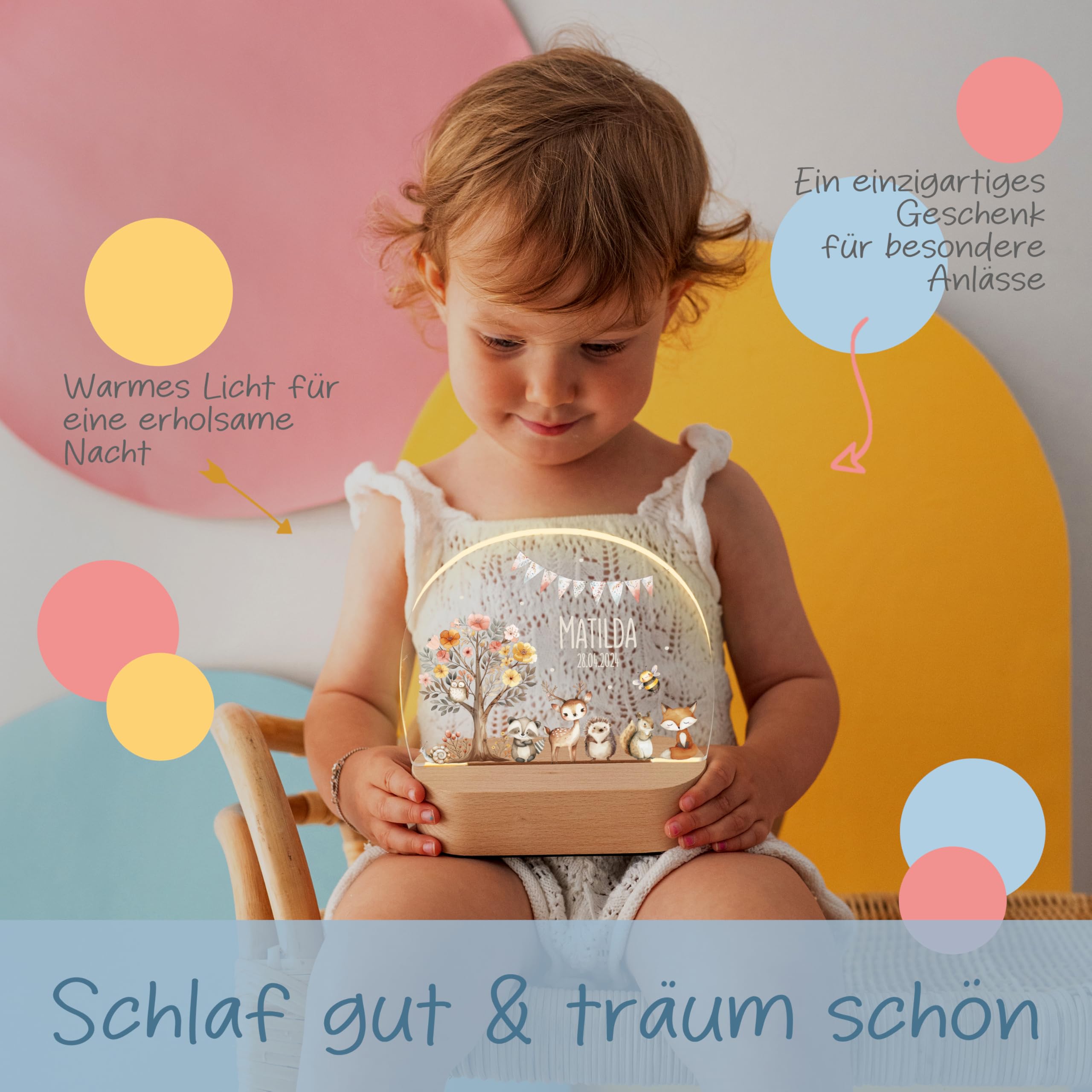 Bärenfreunde® - Personalisiertes Nachtlicht für Babys - Individuelle Nachttischlampe für Kinder - Personalisierte Geschenke Kinder - Babygeschenk - Geschenk zur Geburt (Blumenbaum Tiere)