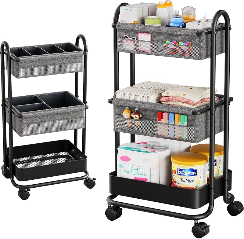 Modanais Baby Diaper Caddy Organizer Cart - 3 Tier Rolling Cart, Black | Lockable Wheels, Baby Essentials Nursery Storage, Detachable Dividers - for Crib, Bedroom, Art & Craft Organizer