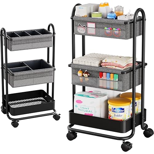 Baby Diaper Caddy Organizer Cart - 3 Tier Rolling Storage Cart with Wheels, Baby Essentials for Nursery Storage, Detachable Dividers - for Crib, Bedroom, Art & Craft Organizer (Black)