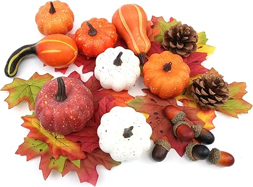 Juego de 36 mini calabazas artificiales para decoración de otoño, pequeñas calabazas falsas realistas para decorar con hojas de otoño, bellotas y