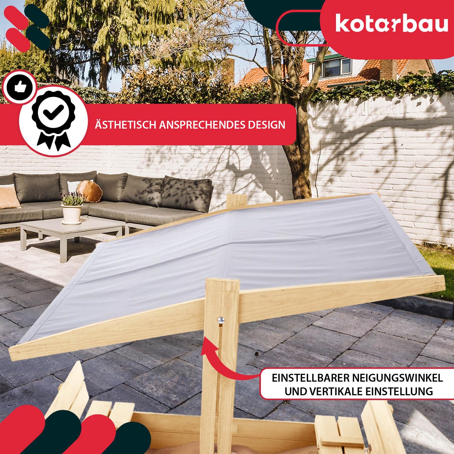 KOTARBAU® Sabbiera per Bambini - Legno di Pino - 140 x 140 cm - Naturale - Sabbiera con Coperchio - con Tetto Grigio e Sedute - da Esterno Giardino - Protezione Sole Pioggia