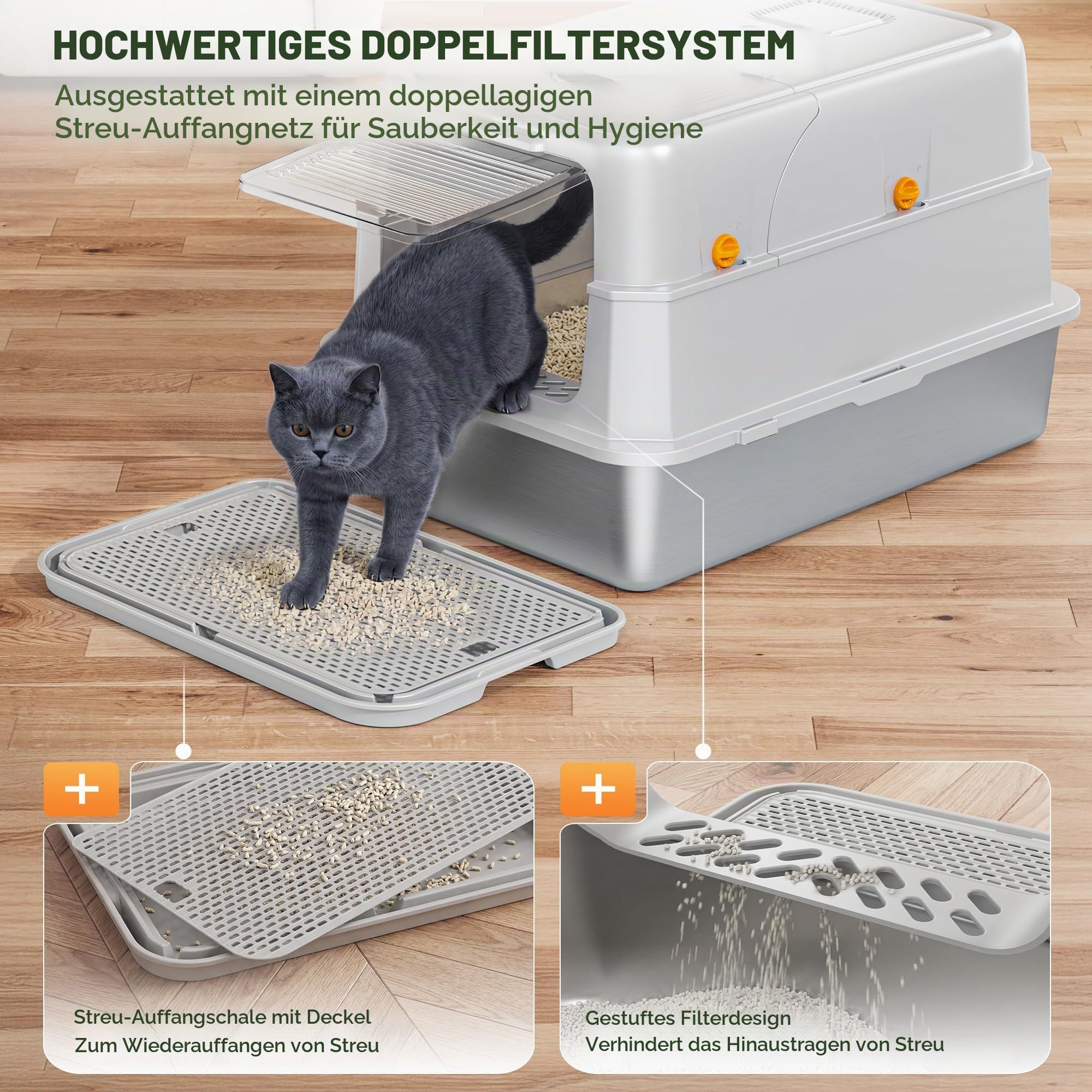 Katzenklo Edelstahl mit 180° Deckel, Doppelmatte, Metall Schaufel | XXL Katzenklo mit Aktivkohlefilter, Hoher Rand, Auslaufsicher Katzenklo, Leicht zu Reinigen, Geruchsfrei, für alle Katzen