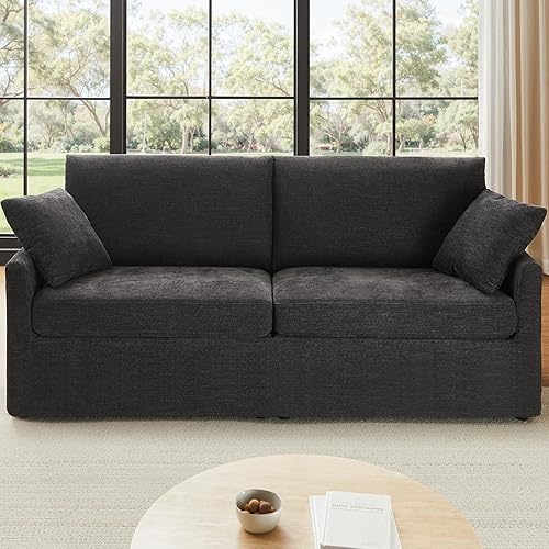 Miniatura 9 de Sofá de felpilla de 85 pulgadas para sala de estar, sofá de 3 plazas con 2 almohadas, sofás modernos sin herramientas, cómodo sofá biplaza de gran