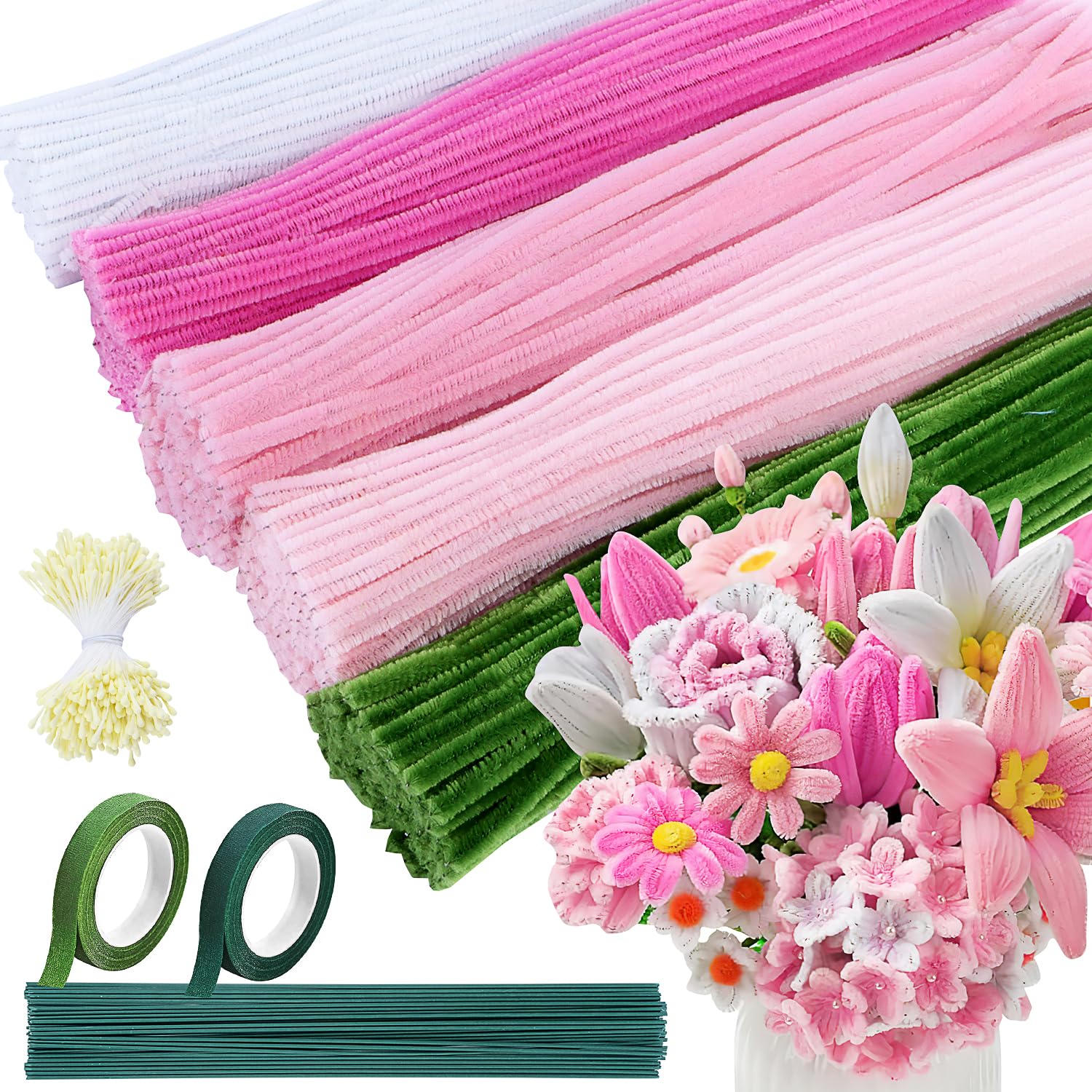 Pipe Cleaners for Crafts Flowers 500 Pieces Pipe Cleaners Flowers 5 Colours Pipe Cleaner for Crafts Pipe Cleaner Pipe Cleaner Pink with Flower Wire Stamens Tape for DIY Bouquet-image-31