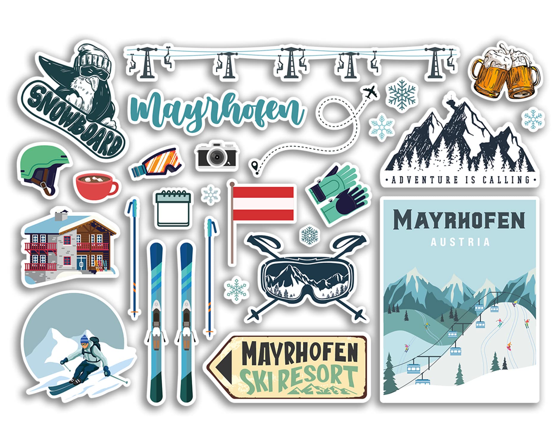 Dv Design Multi A5 Sticker Sheet Mayrhofen Vinyl Stickers - Austria Austrian Ski Resort Mountains Snowboard Holiday Flag Travel Snow Sports Luggage Scrapbooking #79061