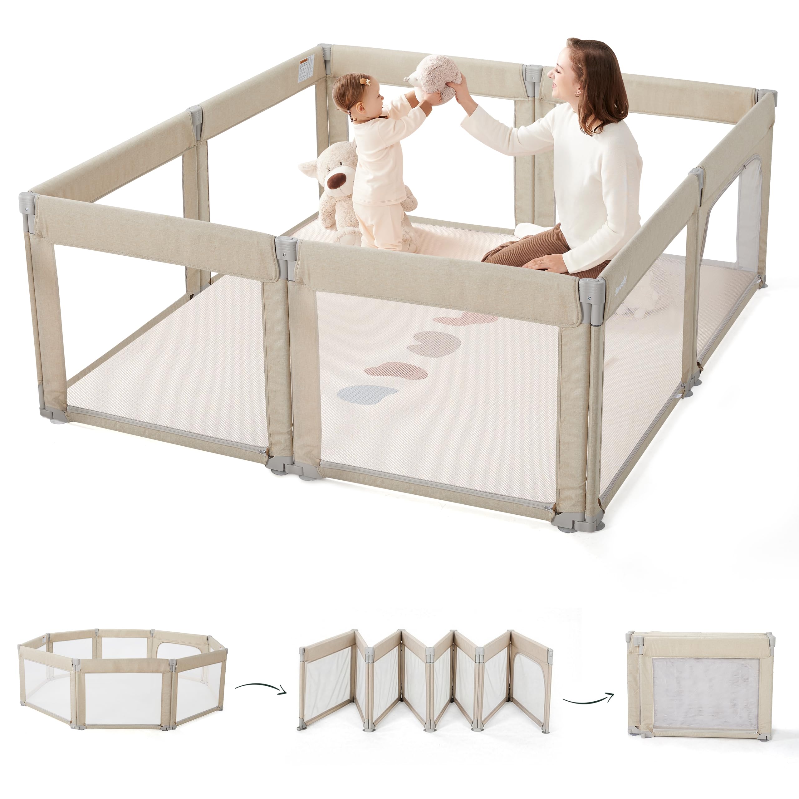 Sweeby Foldable Baby Playpen, 150 x 150 cm Play Yard with Door, Light Khaki