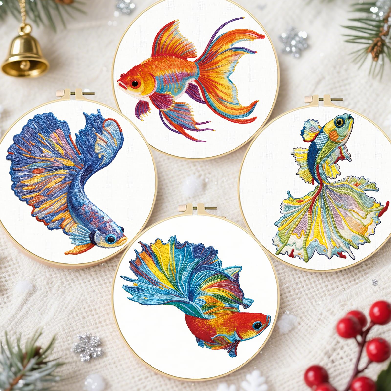 FREEBLOSS 4 Stickset Für Anfänger Stickset Mit Vorgedrucktem Koi Fisch Muster Anleitung Farbige Fäden 2 Creolen 7.87"/20cm